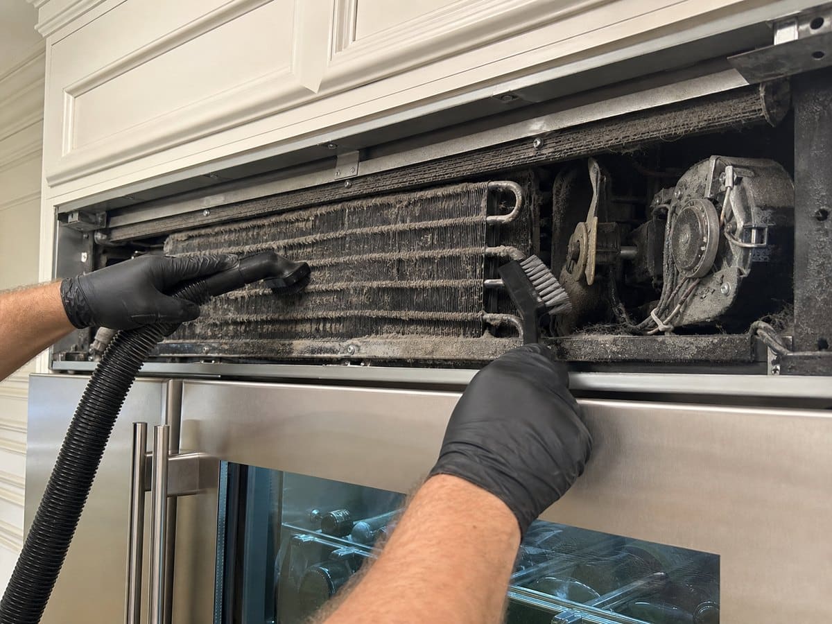 Close-up of a dusty built-in refrigerator condenser coil being cleaned with a brush