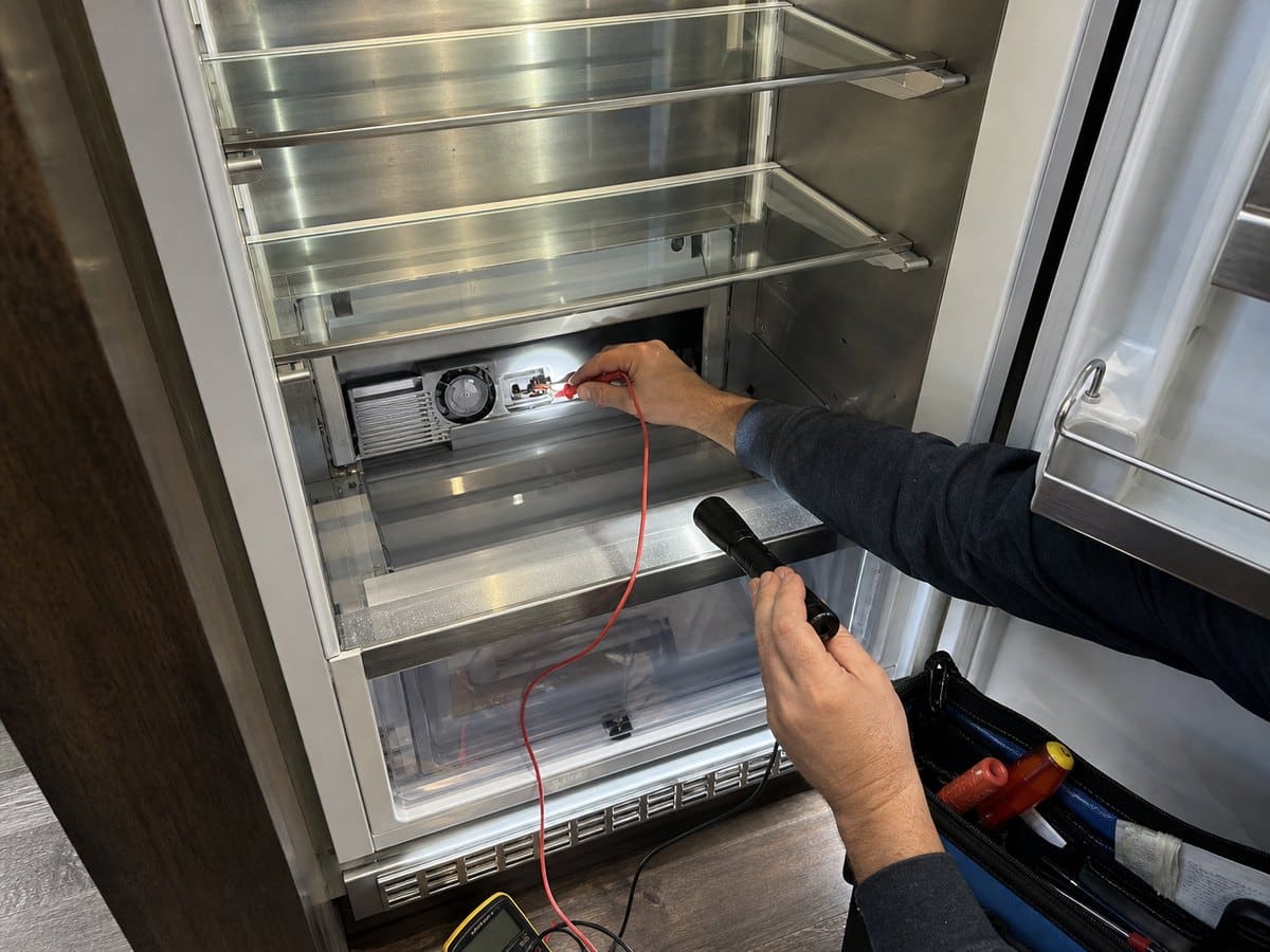 Technician checking the interior airflow path of a built-in refrigerator